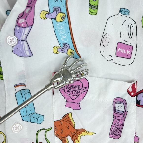 Salem 7 Sticker Short Sleeve Button Up Shirt Men's Small Y2K Skater Indiecore - Picture 13 of 13